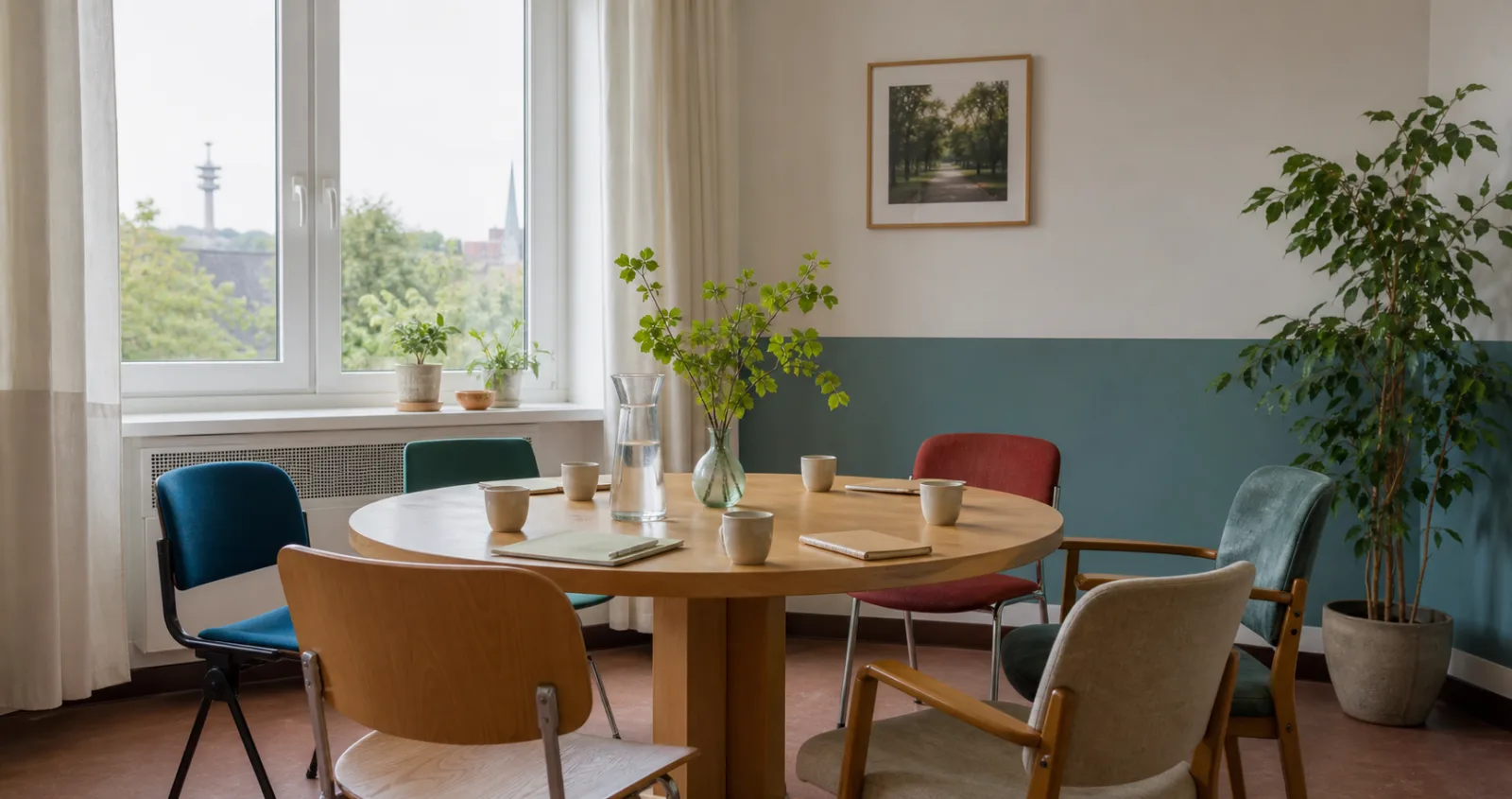 Vorbereiteter Gesprächsraum mit rundem Tisch und Stühlen